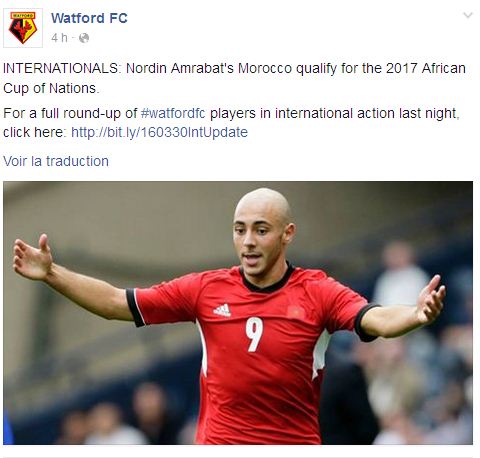 على فايس بوك.. واتفورد يهنئ امرابط بعد تأهل المغرب إلى “الكان”