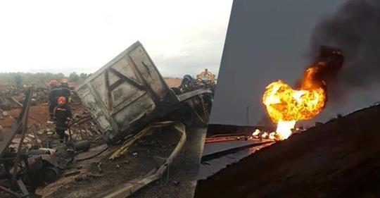 بالفيديو.. مشهد مرعب بعد انفجار شاحنة مليئة بالبوطا على الطريق السيار بين مراكش وأكادير