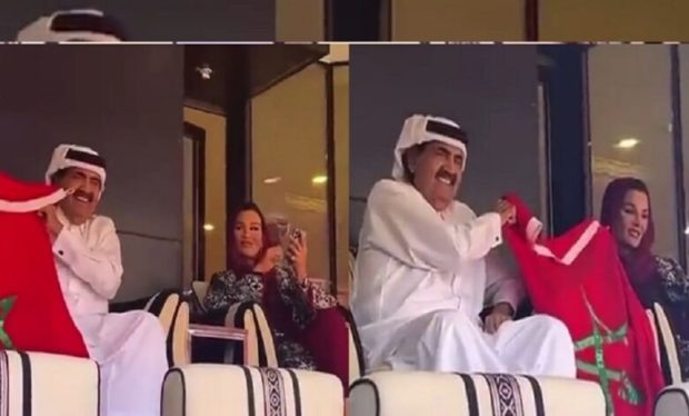دعما لـ”الأسود”.. أمير قطر “الوالد” والشيخة موزا يرفعان علم المغرب في المدرجات (فيديو)